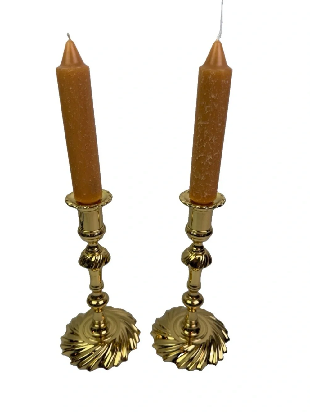 VTG Baldwin Solid Brass Candlesticks Pair Swirl Base Queen Ann USA 9” W/ Inserts